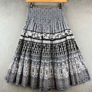 Chaudry Grey Black Boho Cotton Smocked Tiered Midi Skirt Paisley Floral Medium